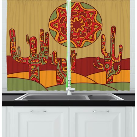 Oriental Curtain - Cactus Curtains 2 Panels Set, Print Cartoon like Cactus Design with Oriental Tribal Effects Ethnic Art Image Print, Window Drapes for Living Room Bedroom, 55W X 39L Inches, Multicolor, by Ambesonne