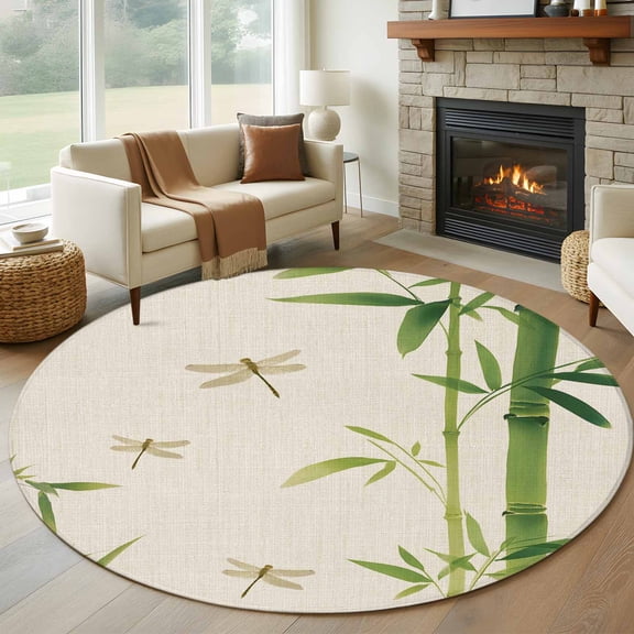 Green Botanical Round Area Rug 6Ft Washable Circle Rugs for Bathroom Office, Farmhouse Dragonfly Non-Slip Carpet Floor Mats Indoor Outdoor Carpet Runner Aesthetic Home Decor
