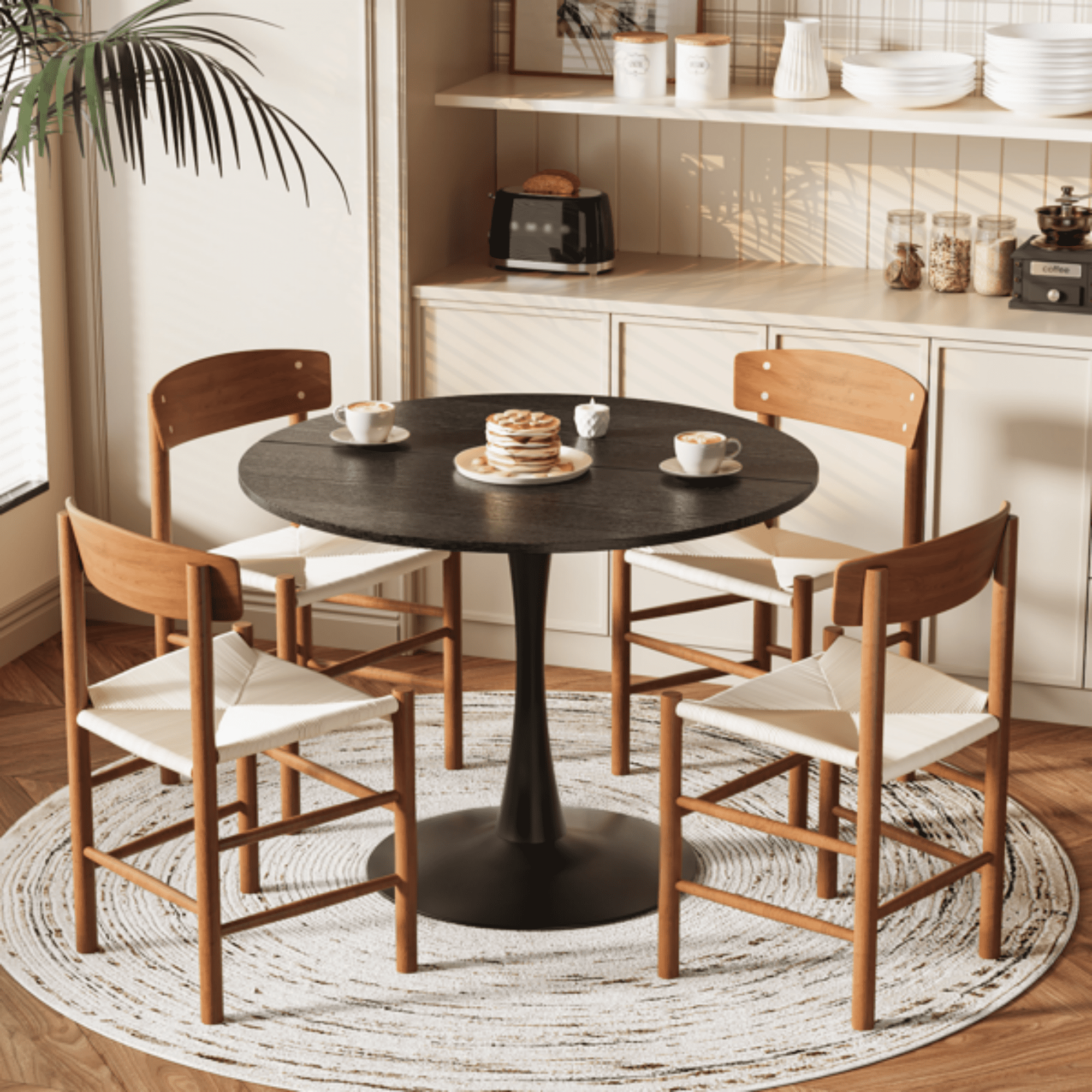 Round Tulip Dining Table, 39.4 Inch Dining Table for 4 People, Melamine Laminated MDF Tabletop with Metal Pedestal Base, Easy Assembly Kitchen Dinner Table for Dining Room, Home, Apartment, Black