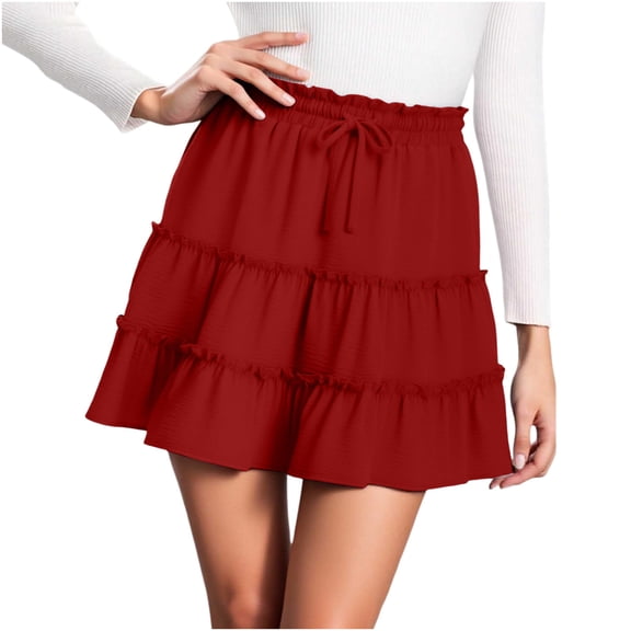 JGGSPWM Women's Mini Skorts Casual Solid Color Flowy Short Elastic High Waist Ruffle Tiered Skirts Fashion Summer Lounge Shorts Red S