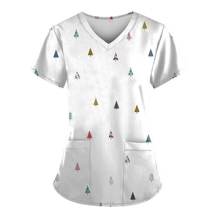 

Don t Miss Out! Gomind Scrubs Top for Women Christmas Printed Women s Fashion V-neck Short Sleeve with Pockets Christmas Printed Tops White 4XL