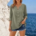 thumbnail image 4 of Ruimatai Women's Casual Lace Embroidered Blouses 3/4 Sleeve V Neck Button Down Linen Tops for Summer Daily Wear, 4 of 7