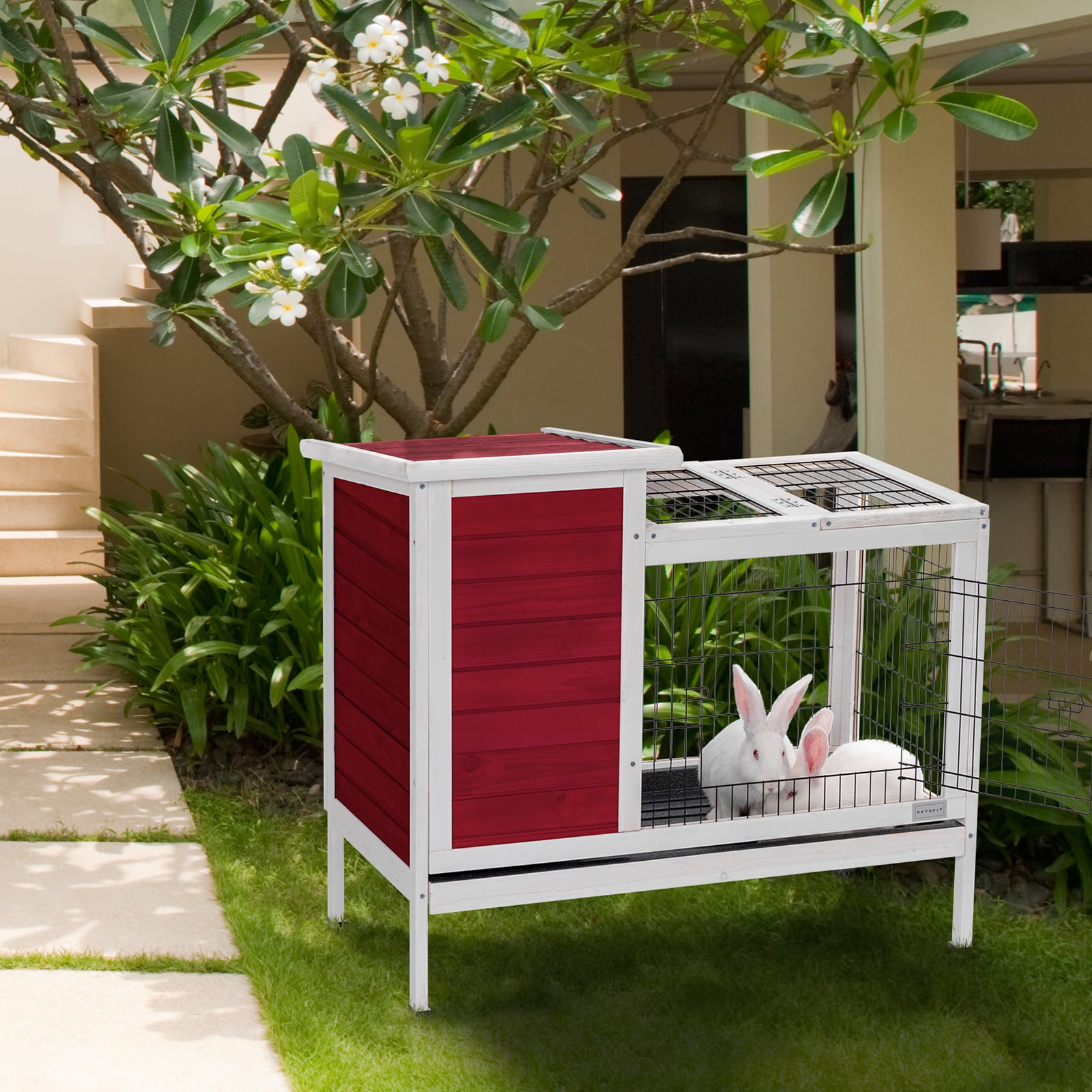 Petsfit Spacious Comfortable Large Rabbit Hutch with Ventilation and Pull Out Tray, Indoor and Outdoor Guinea Pig Cage