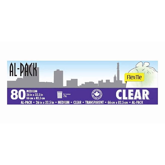 AL-PACK Medium Clear Garbage Bags Flex-Tie, 75 Litres, 80 bags