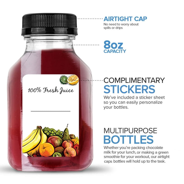 Stock Your Home 8oz Empty Plastic Juice Bottles with Lids (48 Count) for  Juicing, Smoothies, Airtight, Meal prep Lunch