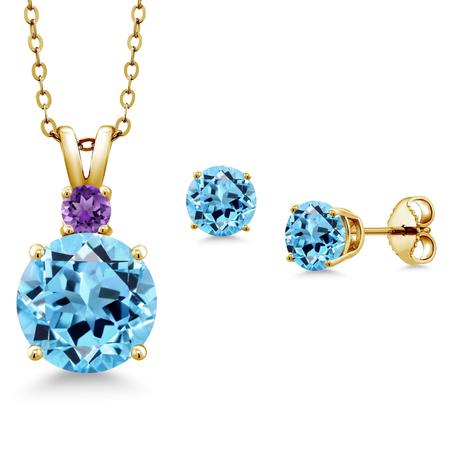 Gem Stone King 18K Yellow Gold Plated Silver Round Swiss Blue Topaz and Purple Amethyst Pendant and Earrings Jewelry Set for Women (6.02 Cttw Gemstone Birthstone with 18 inch Chain)