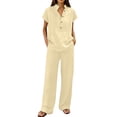 thumbnail image 3 of Linen Sets for Women 2 Piece Summer Casual Short Sleeve V Neck Button down Shirts Matching Loose Wide Leg Pants, M, 3 of 8