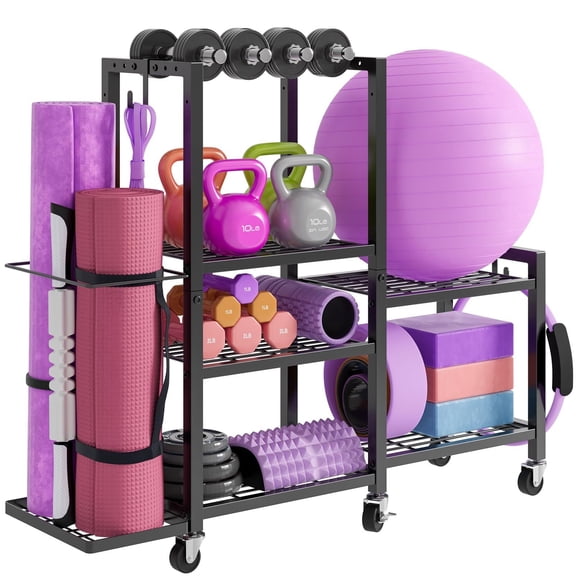 Dumbbell Rack with Yoga Mat Storage, Multi-Purpose Adjustable Carbon Steel Workout Equipment Organizer for Home Gym, Black