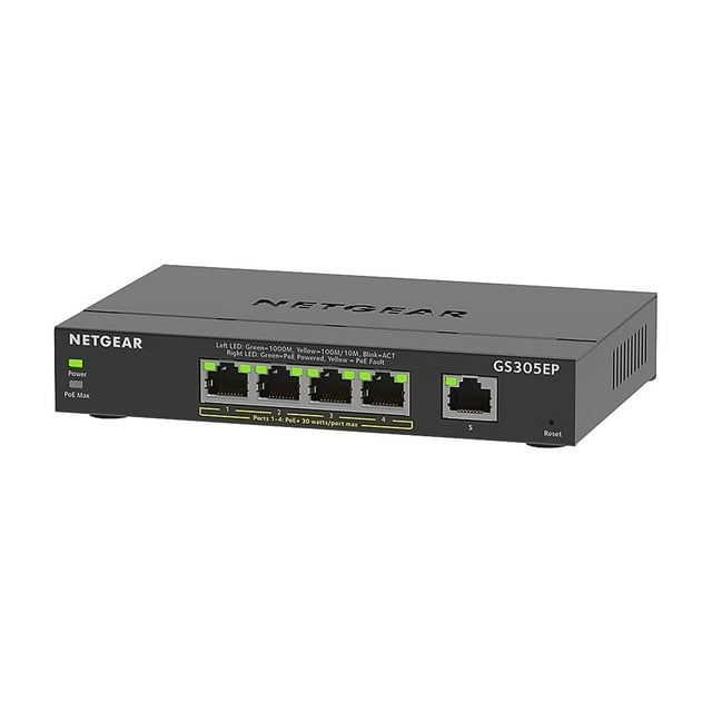 NETGEAR 5 Port PoE Gigabit Ethernet Easy Smart Managed Essentials Switch (GS305EP) - with 4 x PoE+ @ 63W, Desktop or Wall Mount