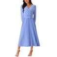 thumbnail image 2 of INSPIRE CHIC Women's Pleated Dress Puff Long Sleeve V Neck Belt Waist Dress L Blue, 2 of 5
