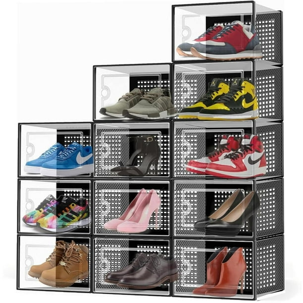 Zapatera Organizador, 12pcs Cajas para Zapatos, Contenedor de Zapatero Plegable Transparente, Ahorra Espacio Y Fácil de Limpiar, Artículos de Organizador para Salón Dormitorio (Negro)