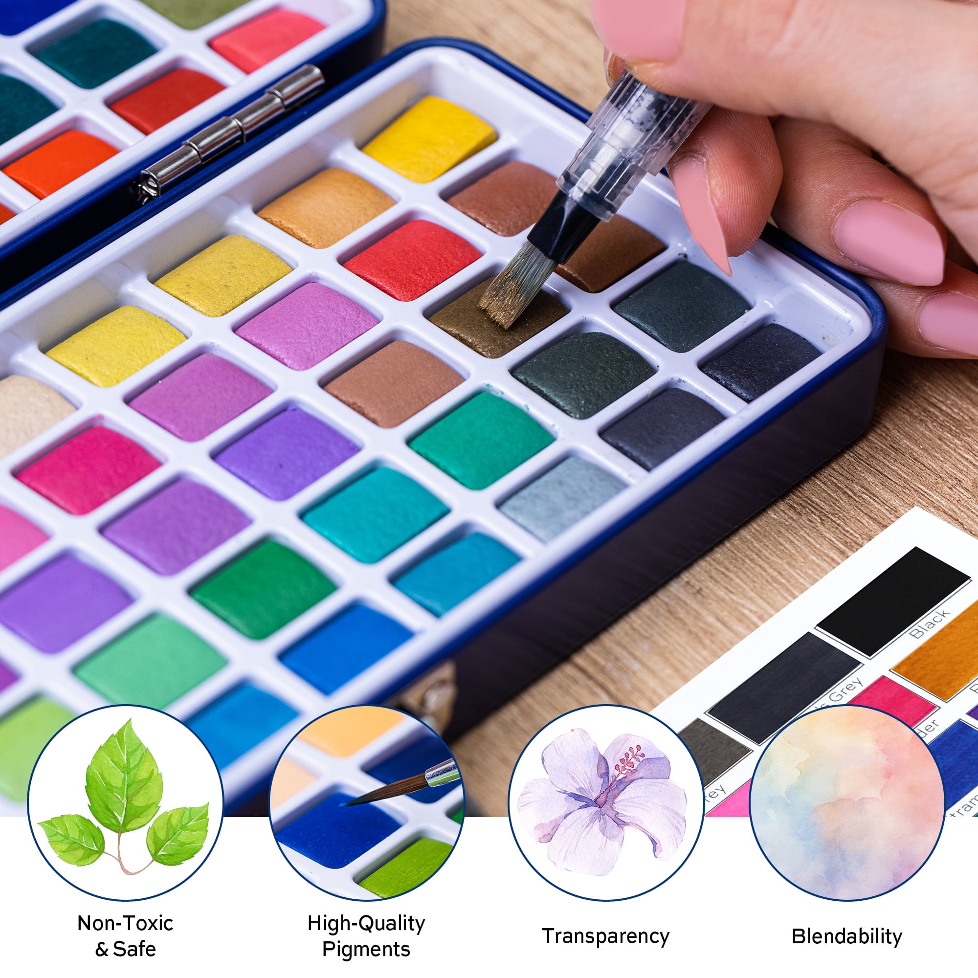 Finenolo 100-Color Watercolor Paint Set with Metallic & Fluorescent photo 6