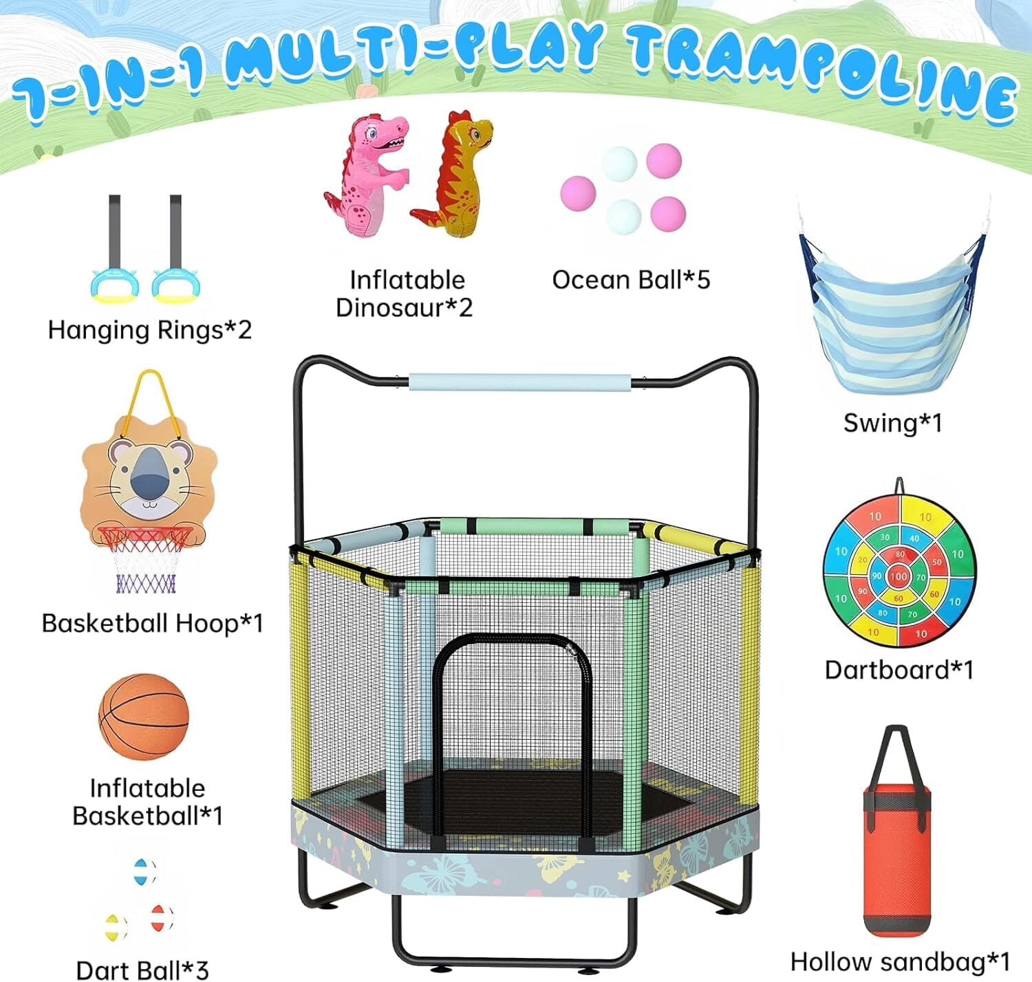 MOOSENG 7-in-1 Kids Trampoline with Safety Enclosure Net, 55" Hexagonal Indoor Outdoor Toddler Trampoline for Ages 1-8, Adjustable Handrail, Basketball Hoop, Gymnastic Rings