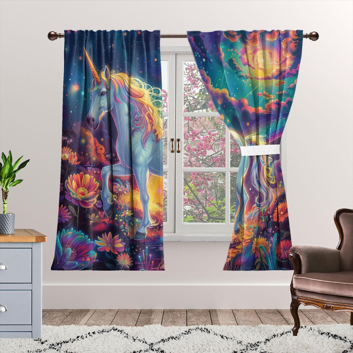 Fantasy Unicorn Blackout Curtains for Kid Girls Boys Bedroom, Enchanted Forest Rainbows Flower Rod Pocket Window Drapes for Bedroom Living Room, W42 x L63 Inch