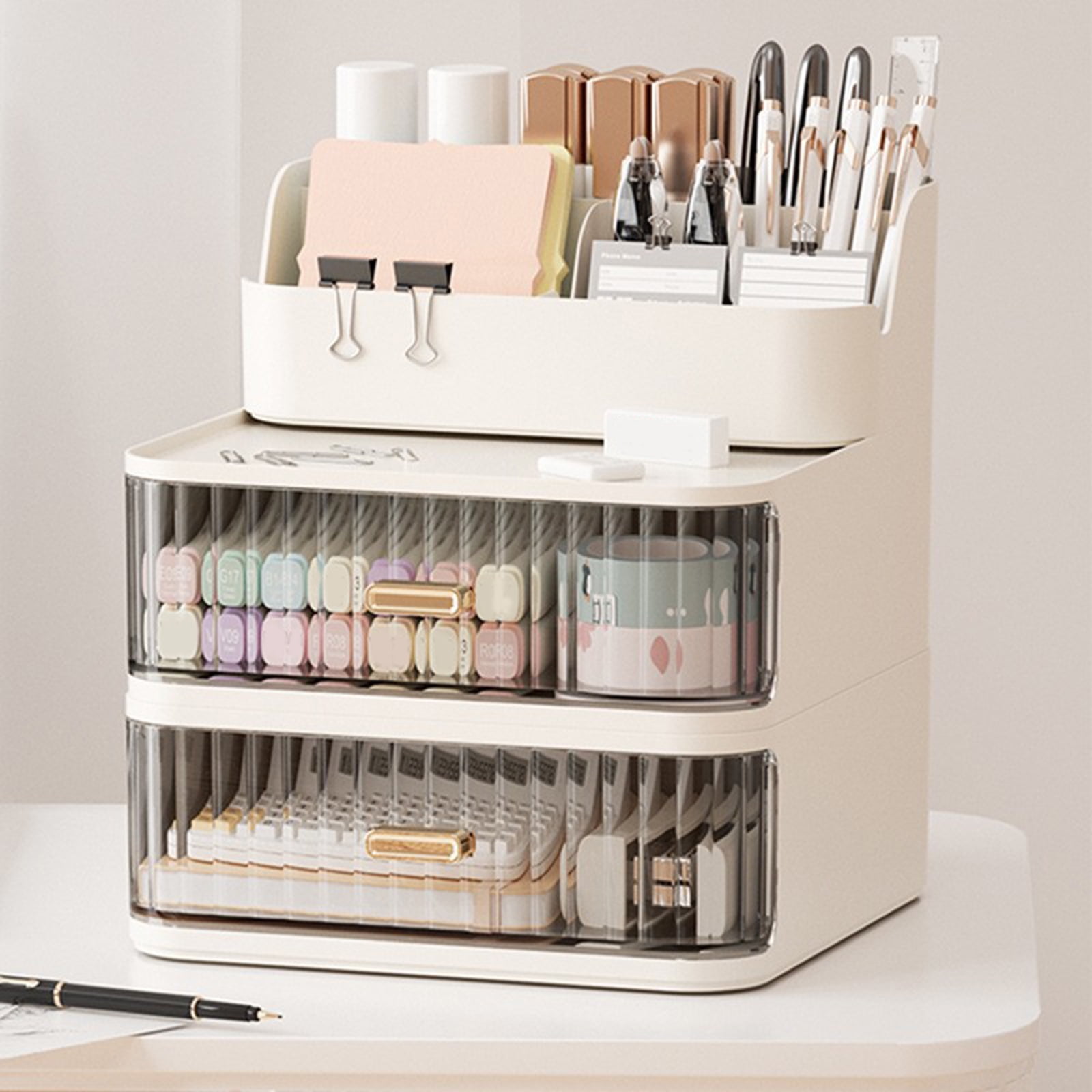 Multipurpose Desktop Organiser Trays with Clear Drawer Stackable Plastic Storage Box Container For Cosmetics Pens Marker