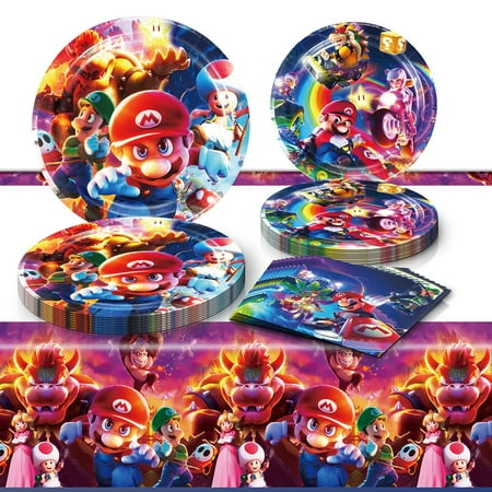 Fuyhiuous Mario Move PriNst Party Supplies 41Pack include 20 plates, 20 napkins 1 tablecloth for Mario Move birthday party Decoration