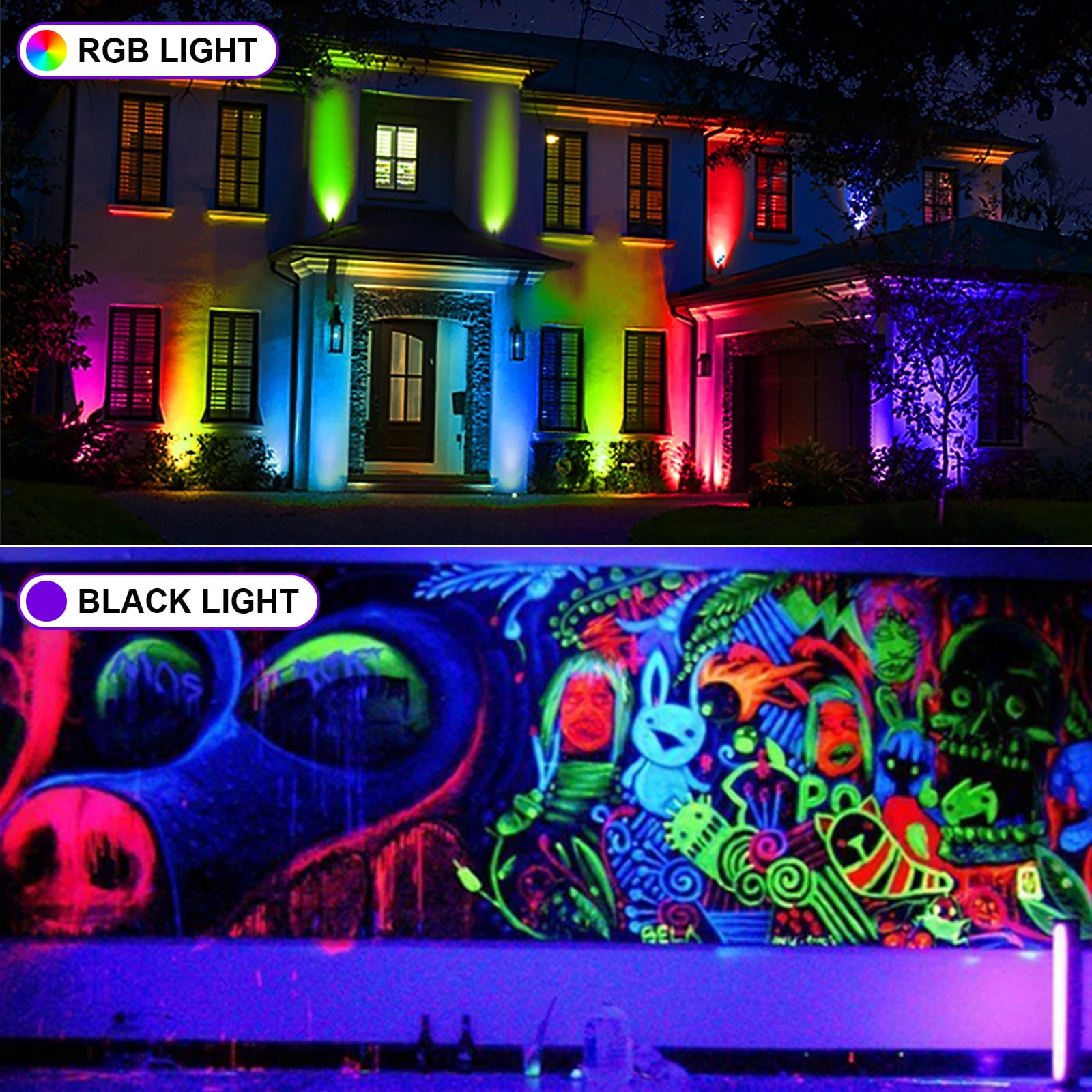 2 PCS UV+RGB Lights 50W,Color Changing Lights,Black Light for Glow Party,RGB Flood Light,with Switch and Remote,for Garden Lighting