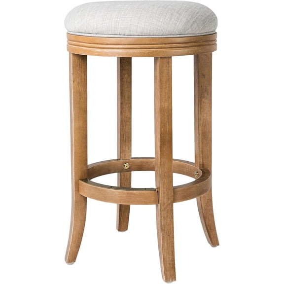 Maven Lane Eva Bar Stool 31 Inches – Round Swivel Stool with Footrest – Brown Solid Wood and Natural Fabric Upholstery – Ideal for Bars, Pubs, and Tall Kitchen Counters