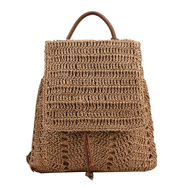 Mochila de paja para mujer, bolso de hombro con cordón, bolsos de playa bohemios, mochila de paja de ganchillo tejida hecha a mano de verano
