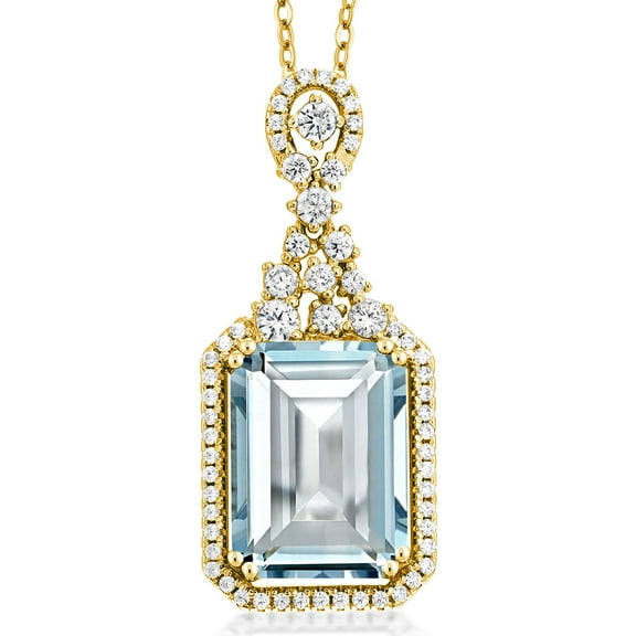 Gem Stone King 18K Yellow Gold Plated Silver Sky Blue Simulated Aquamarine Pendant Necklace for Women (7.24 Cttw, Gemstone Birthstone, with 18 inch Chain)