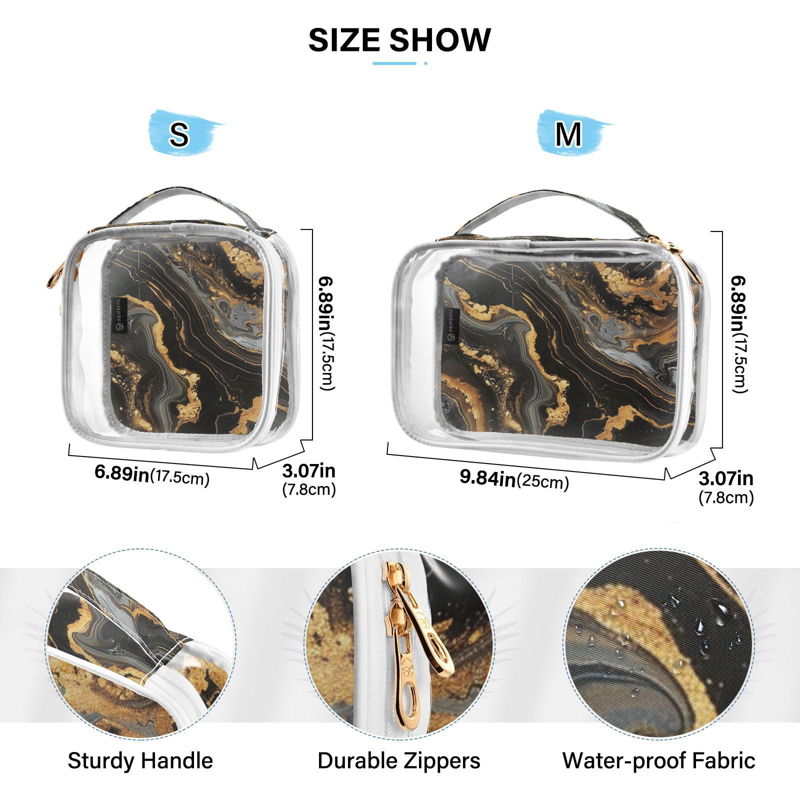 Clear Makeup Bags with Handle Large Opening 2 Pack Set Toiletry Bag Quart Size Bag, for Women Man Traveling Travel Essentials, Toiletries and Other. Marble Pattern Black Gold