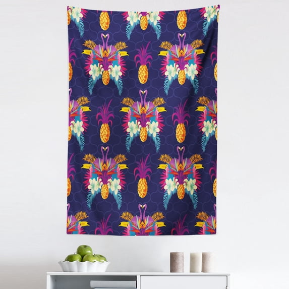 Exotic Tapestry, Vivid Tropical Seamless Pattern of Flamingos Flowers and Pineapples Art Print, Fabric Wall Hanging Decor for Bedroom Living Room Dorm, 5 Sizes, Multicolor, by Ambesonne