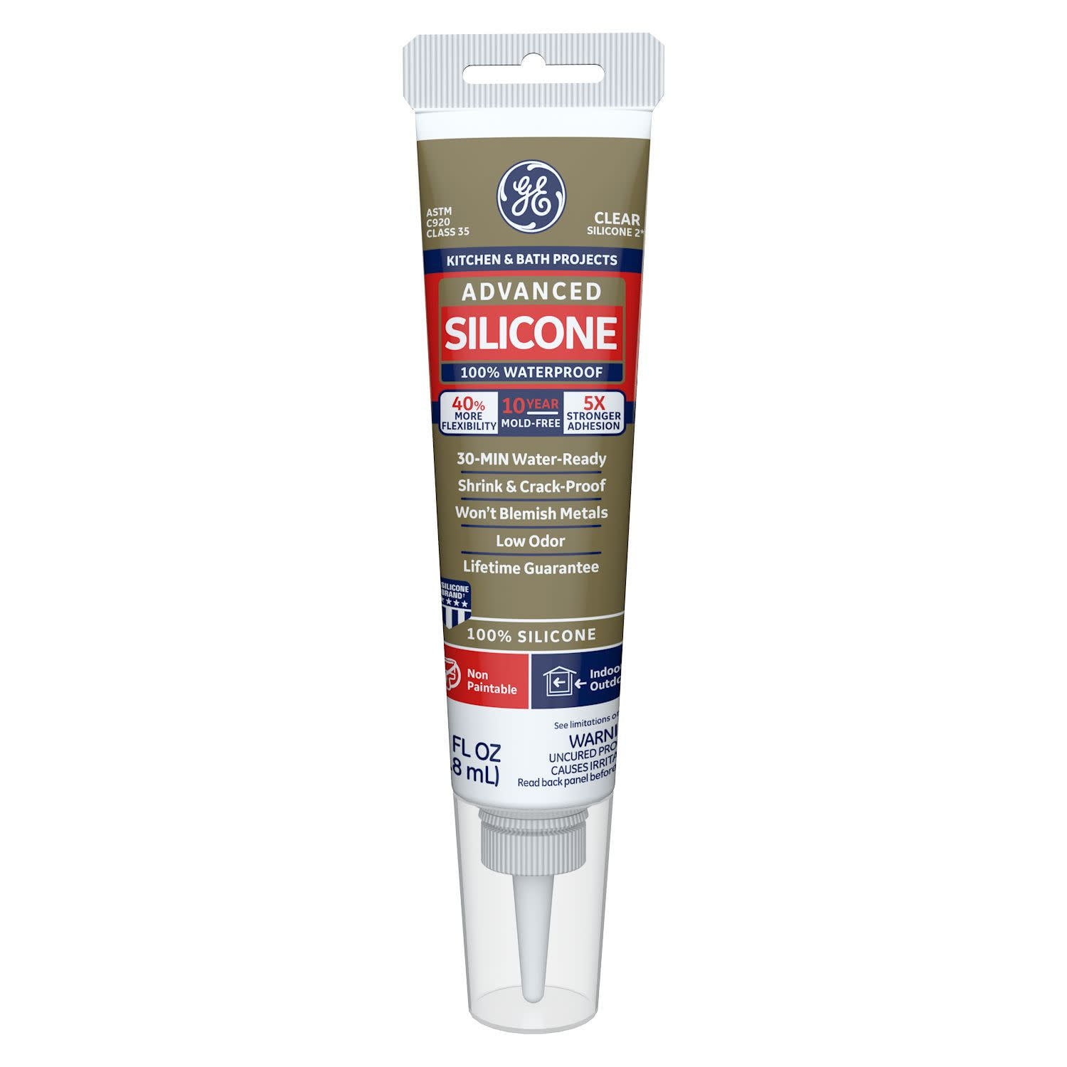General Electric GE Advanced Silicone Kitchen & Bath Sealant, Clear 2.8 oz Squeeze Tube