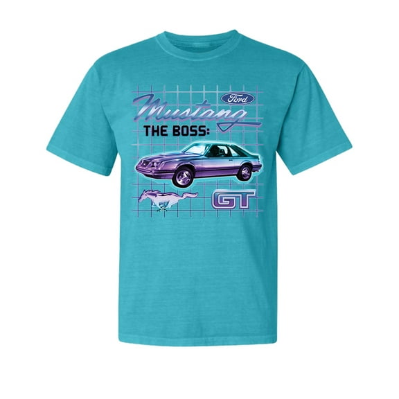 Wild Bobby, Ford Mustang GT The Boss Retro Neon Vintage, Cars and Trucks, Garment-Dyed Washed Look Short Sleeve Tees, Blue Lagoon, Small