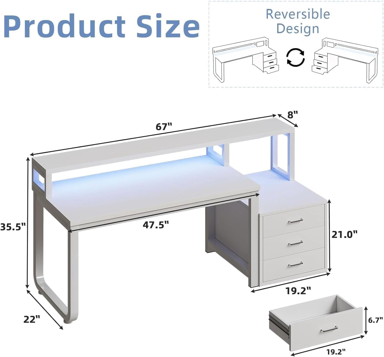 DreamCurship 67 inch White Desk with Monitor Stand, Computer Desk with Adjustable LED Light, Reversible Home Office Desk with 3 Storage Drawers, White