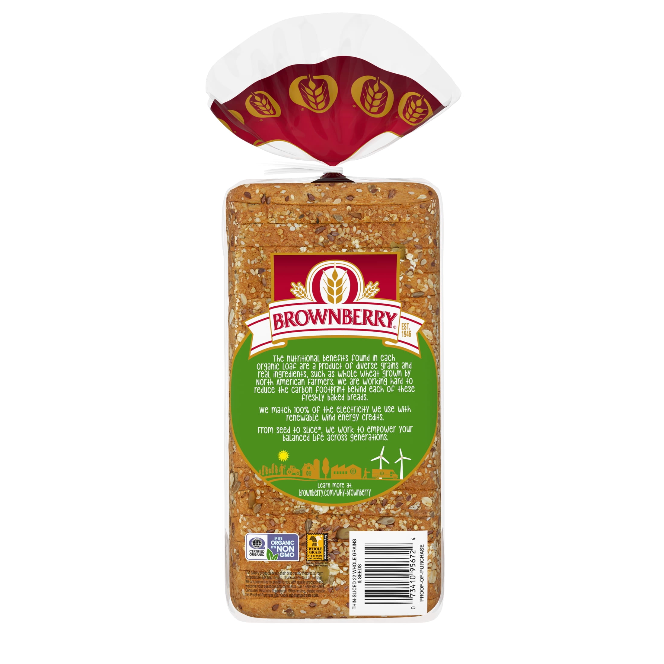 Brownberry Organic 22 Whole Grains & Seeds Bread, 20 oz, Thin Sliced Multigrain Bread, Bag