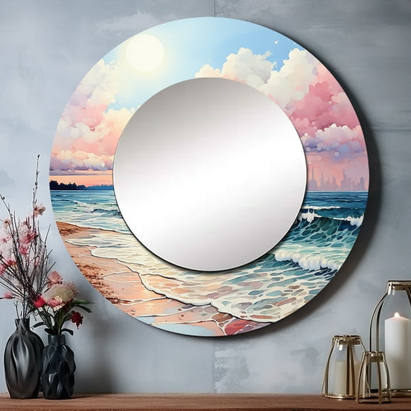 Designart "Rosy Shoreline Whispers" Beach & Ocean Rund Mirror For Wall Decor - Large Pink Round Print Mirror - Round Coastal Mirror 36" x 36" Inch - Wall Mounted Round Large Mirror