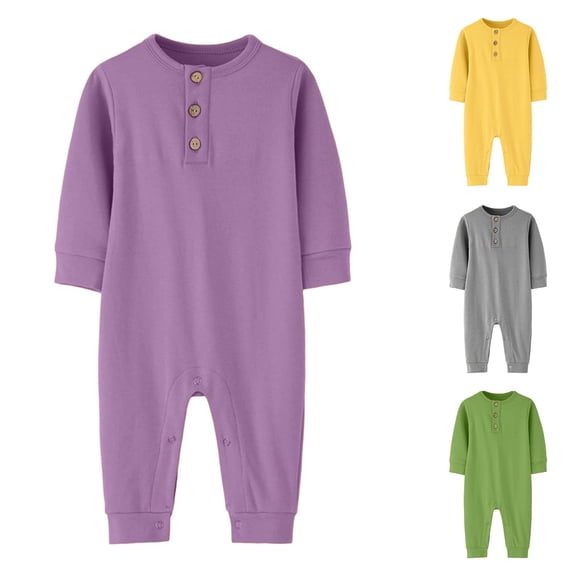 HAOTAGS Baby Cotton Long-Sleeve Romper with Snap Buttons, Solid Color Casual Infant Creeper, Soft Breathable Crawling Suit Purple Size 3T
