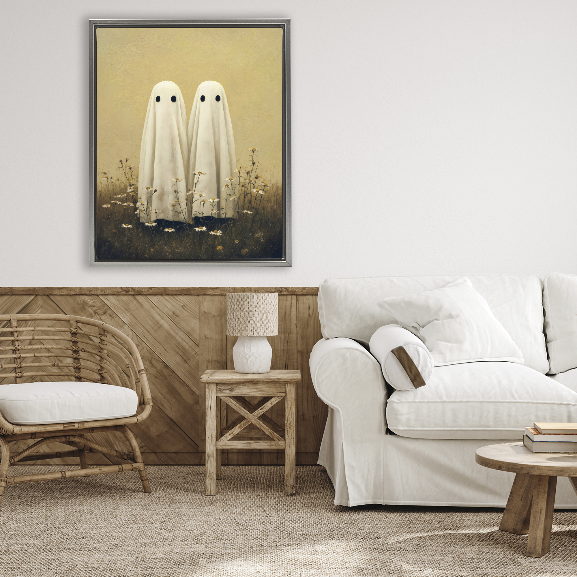Daisy Ghost Couple Gray Framed Floater Canvas Wall Art, design by Arlington Prints