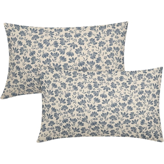 Daisy Floral Block Print Lumbar Pillow Covers 12X20 Inch Gray Blue Beige Flowers Decorative Pillow Cases Set of 2 Farmhouse Home Decor Vintage Rustic Cute Throw Pillows for Sofa Couch Outdoor