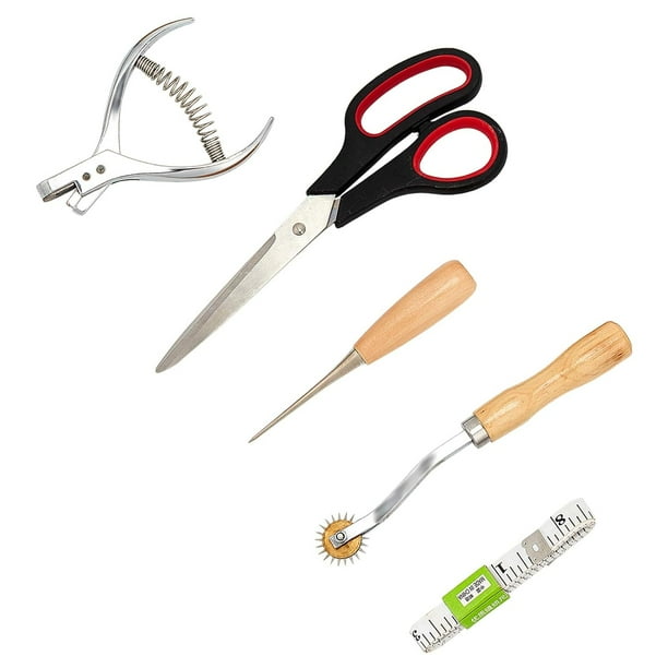 Kit de 5 piezas para trabajar el cuero: rueda de trazado, perforadora, punzones para cuentas, tijeras, cinta métrica y manualidades en cuero.
