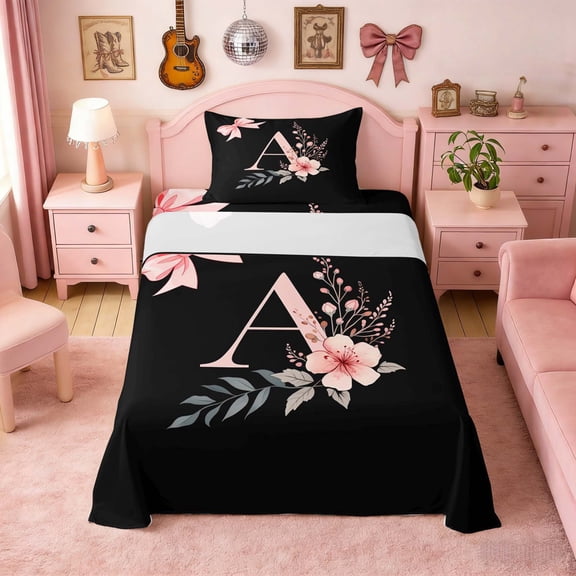 Erosebridal Black Pink Letter A Floral Bow Print Twin Sheet Sets, Monogram Style Bedding for Girls, 1 Flat Sheet, 1 Fitted Sheet and 1 Pillowcase