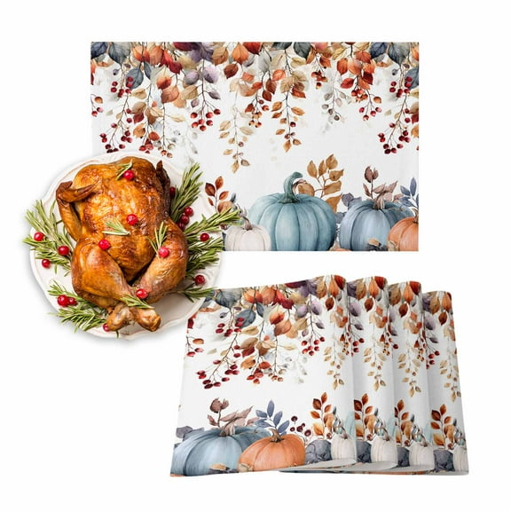 Fall Placemats Set of 6 Harvest Pumpkin Place Mats Thanksgiving Placemat Red Berry Eucalyptus Leaves Table Mats for Dining Kitchen Table Holiday Dinner Party Home Fall Decorations 13x19 Inch