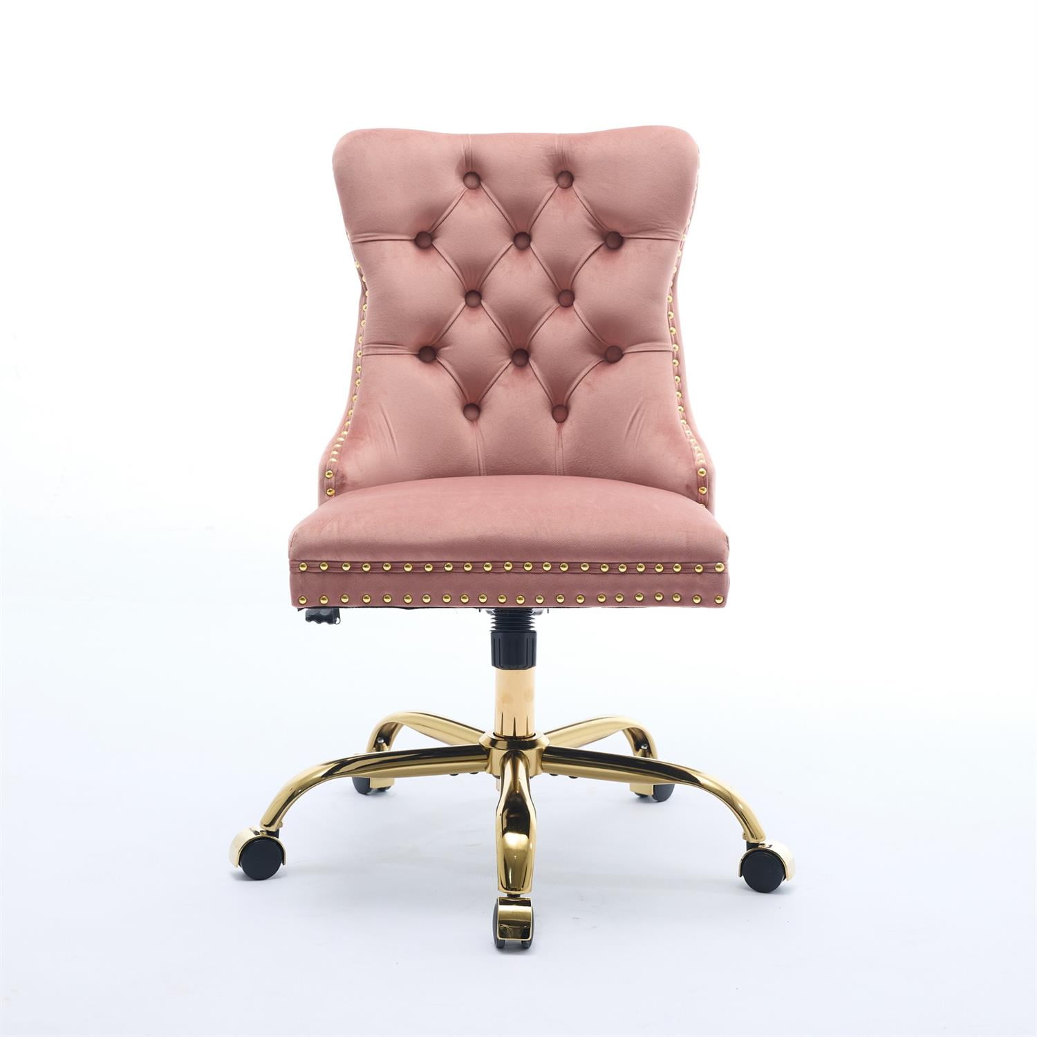 Demi Bonn 38" Tufted Button Velvet Upholstered Desk Chair with Adjustable Swivel, Metal Base for Home Office, Study, Pink