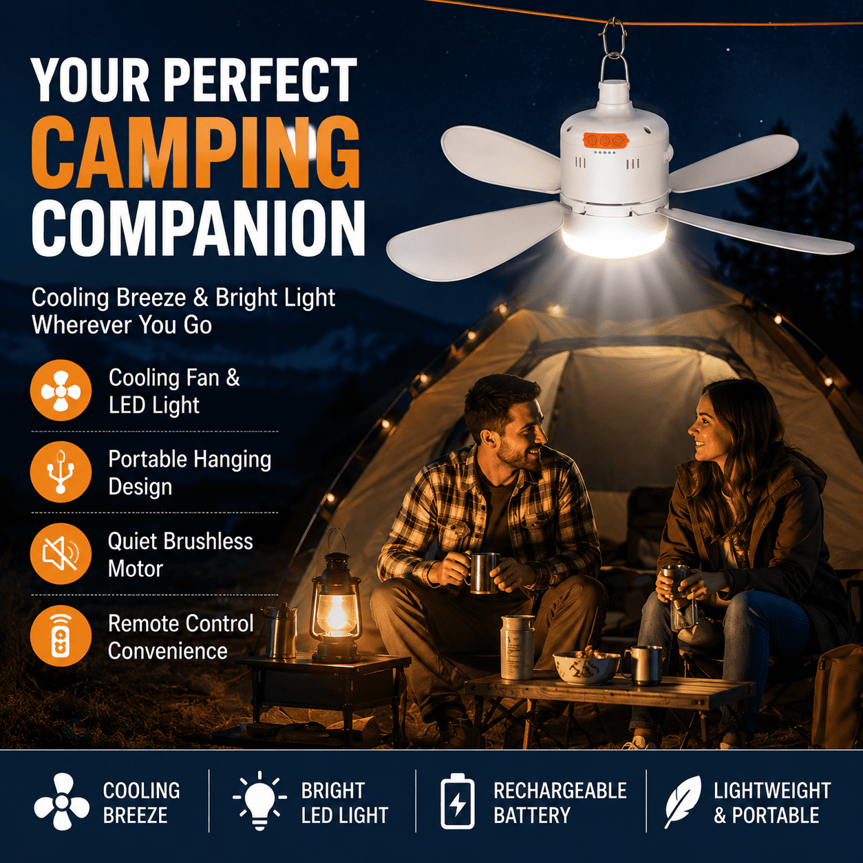 SIYTUAU Portable Ceiling Fan With Remote Control Rechargeable Led Light 17.32x17.32x5.91In For Camping Tent Outdoor Hanging Fan Usb Powered Mini Fan White Adjustable Speed