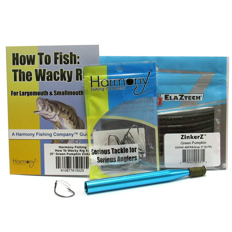 Wacky Rig Kit - Z-Man ZinkerZ 6pk + Wacky Weedless Hooks 10pk + Wacky Tool  w/10 Wacky Rings + How To Fish The Wacky Worm Guide Green Pumpkin 