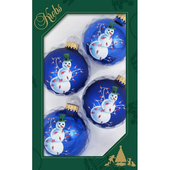 Glass Christmas Tree Ornaments - 67mm/2.63" [4 Pieces] Decorated Balls from Christmas by Krebs Seamless Hanging Holiday Decor (Victoria Blue and Royal Velvet With Snowman)