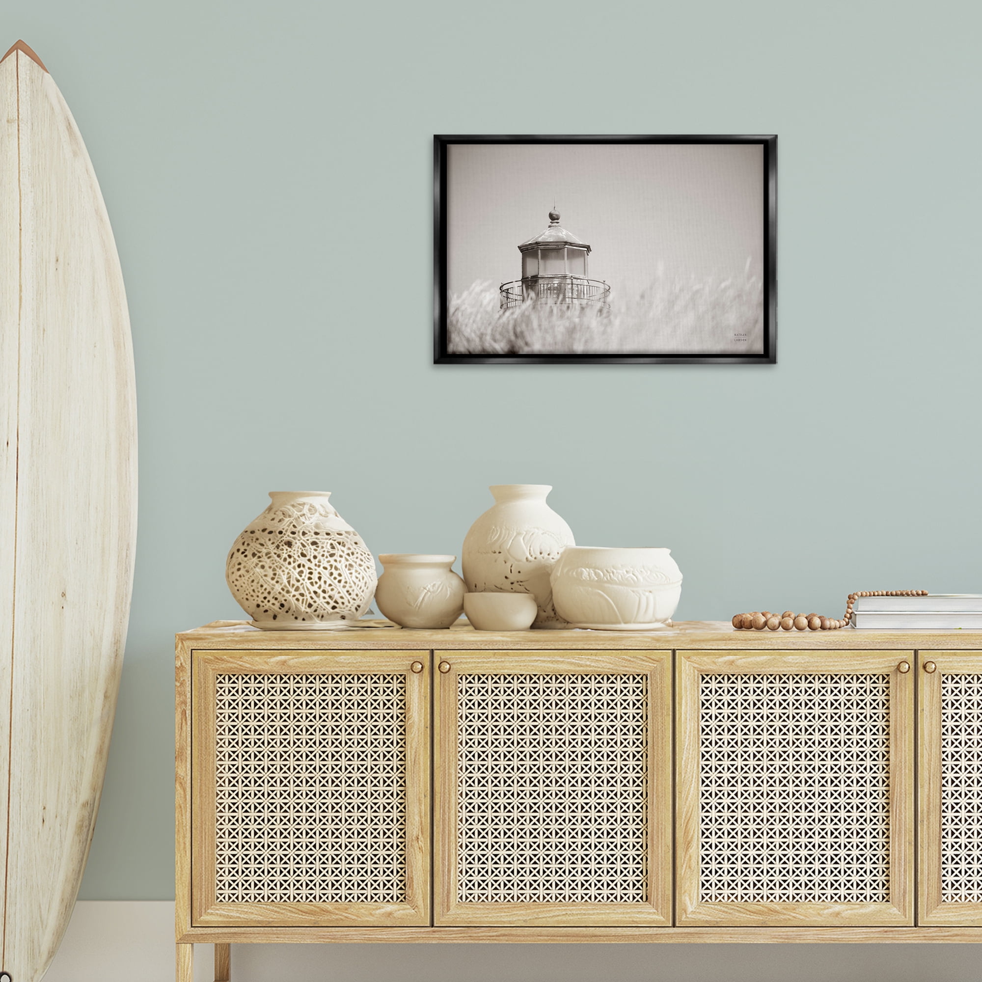 Stupell Industries Swaying Reeds & Lighthouse Landscape Photography Black Floater Framed Canvas Art Print Wall Art, 25 x 17