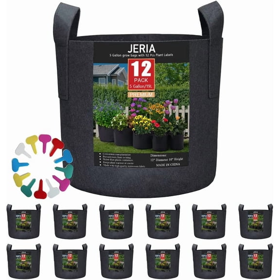12-Pack 5 Gallon Grow Bags, 300G Thickened Nonwoven Garden Pots,Heavy Duty Fabric Pots with Reinforced Handles