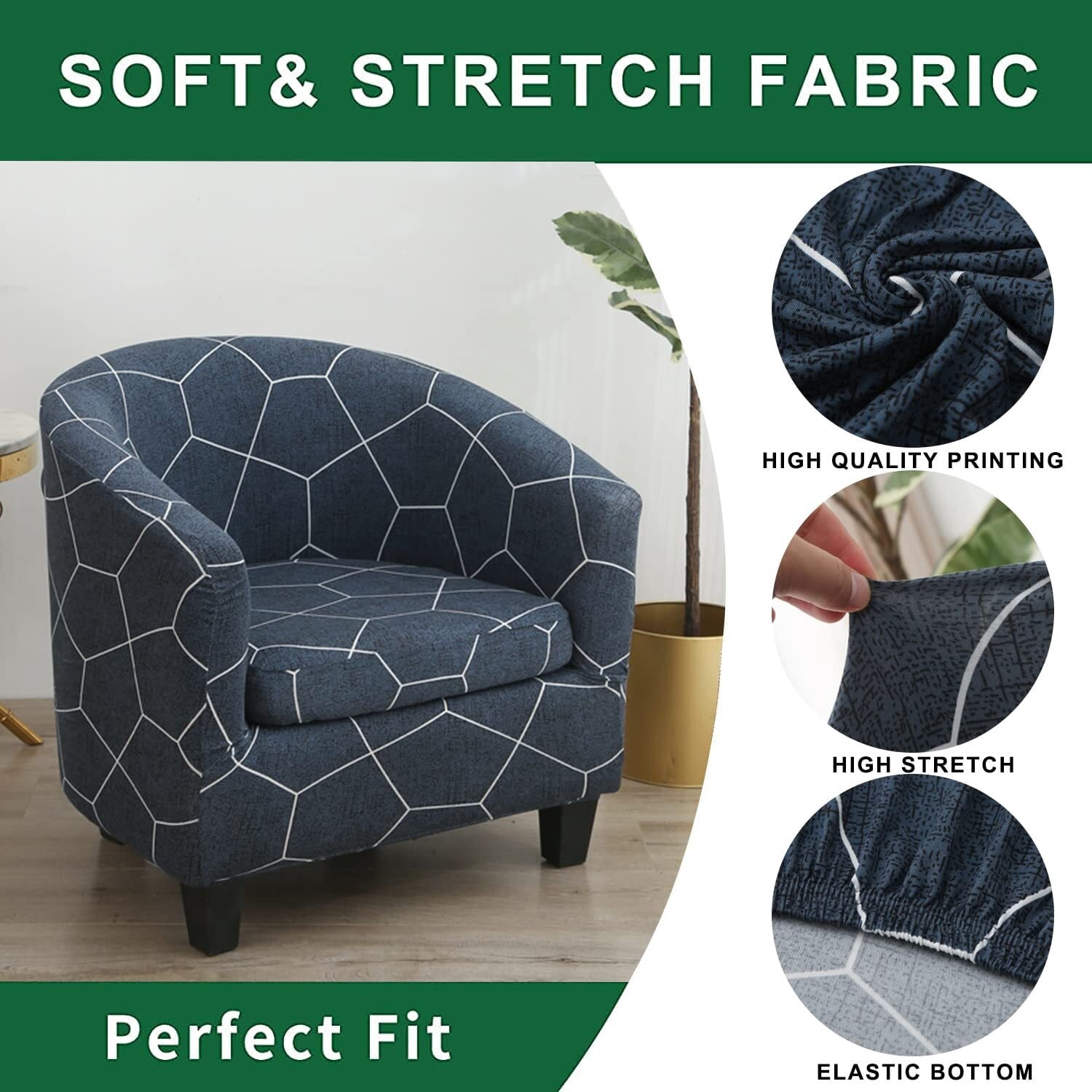 LKJYER Club Chair Slipcover 2 Piece Tub Chair Slipcover Stretch Barrel Chair Covers Printed Armchair Covers Removable Sofa Cover Couch Furniture Protector Arm Chair Cover for Living Room