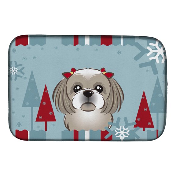 Carolines Treasures BB1746DDM Winter Holiday Gray Silver Shih Tzu Dish Drying Mat 14 x 21" multicolor