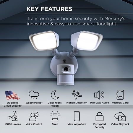 Merkury Floodlight Camera, Smart Wi-Fi, 1800 Lumens, Motion Alerts, (1-Pack)