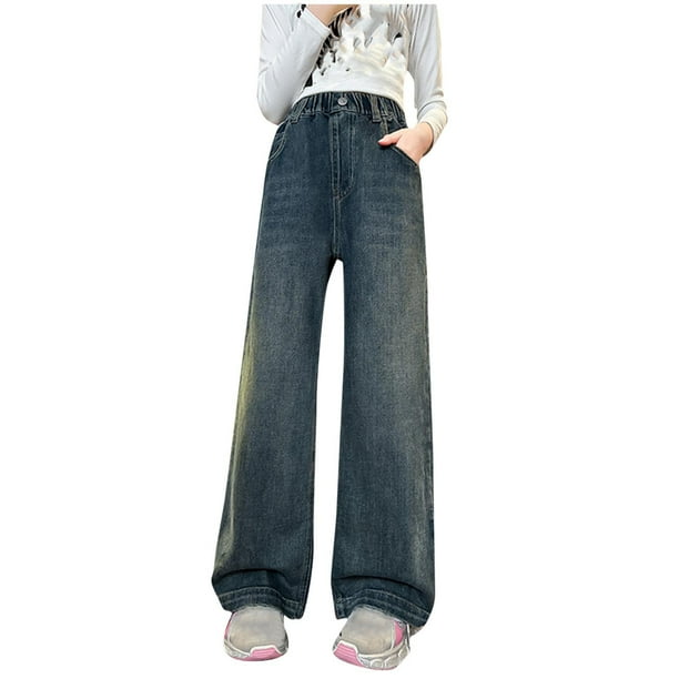 Odeerbi 5-15 Años Chicas Vaqueros de Piernas Anchas Pantalones de Vaquero de Color Sólido Pantalones Sueltos Ropa Exterior Casual Pantalones de Piernas Rectas