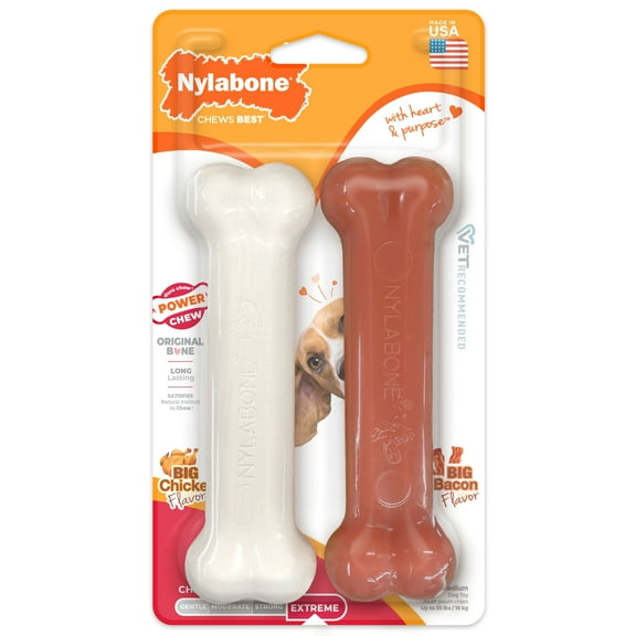 Nylabone Power Chew Original Bone Dog Chew Toy Bacon & Chicken Medium (2 Count)