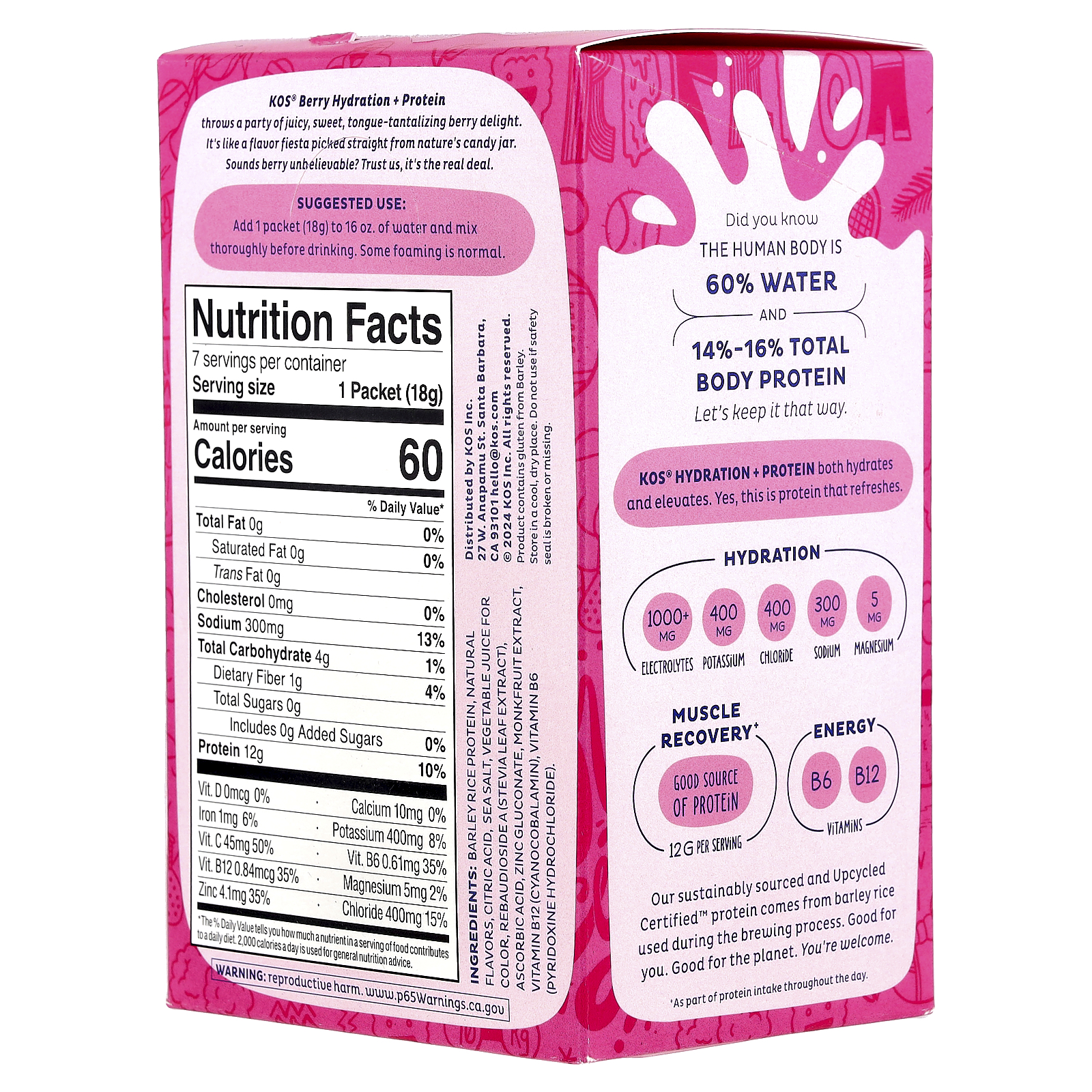 KOS Hydration + Protein, Refreshing Drink Mix, Berry, 7 Packets, 0.65 oz (18 g) Each