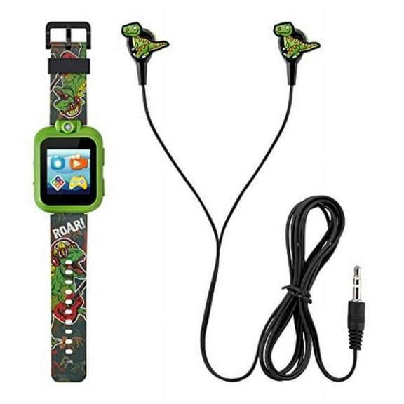 1.44 in. 42mm Playzoom Kids Dinosaur Rockstar Silicone Strap Touchscreen Smart Watch with Earbuds Gift Set, Green